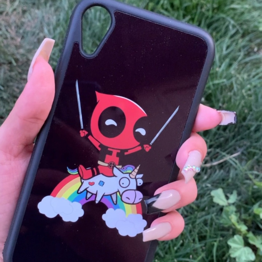 Deadpool, unicorn, and rainbow phone case